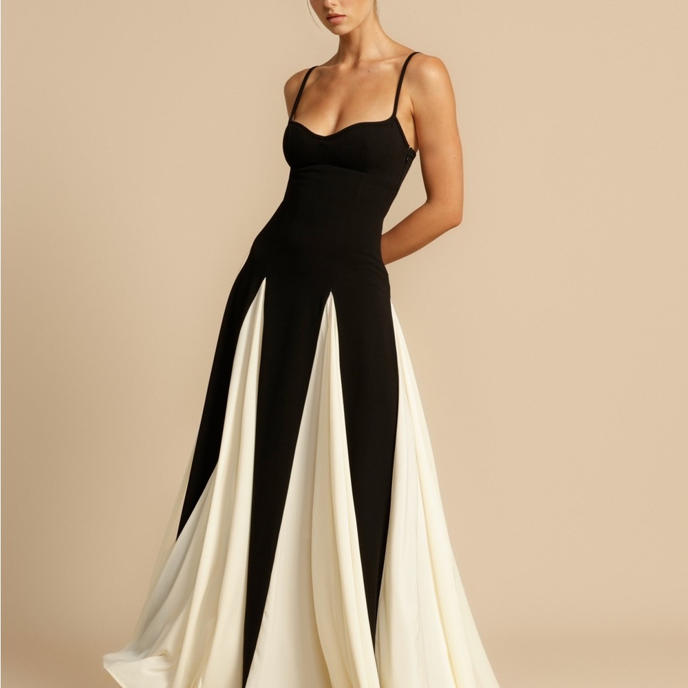 Arcina Ori Paloma Black & White Colorblock Pleated Full Skirt Dress